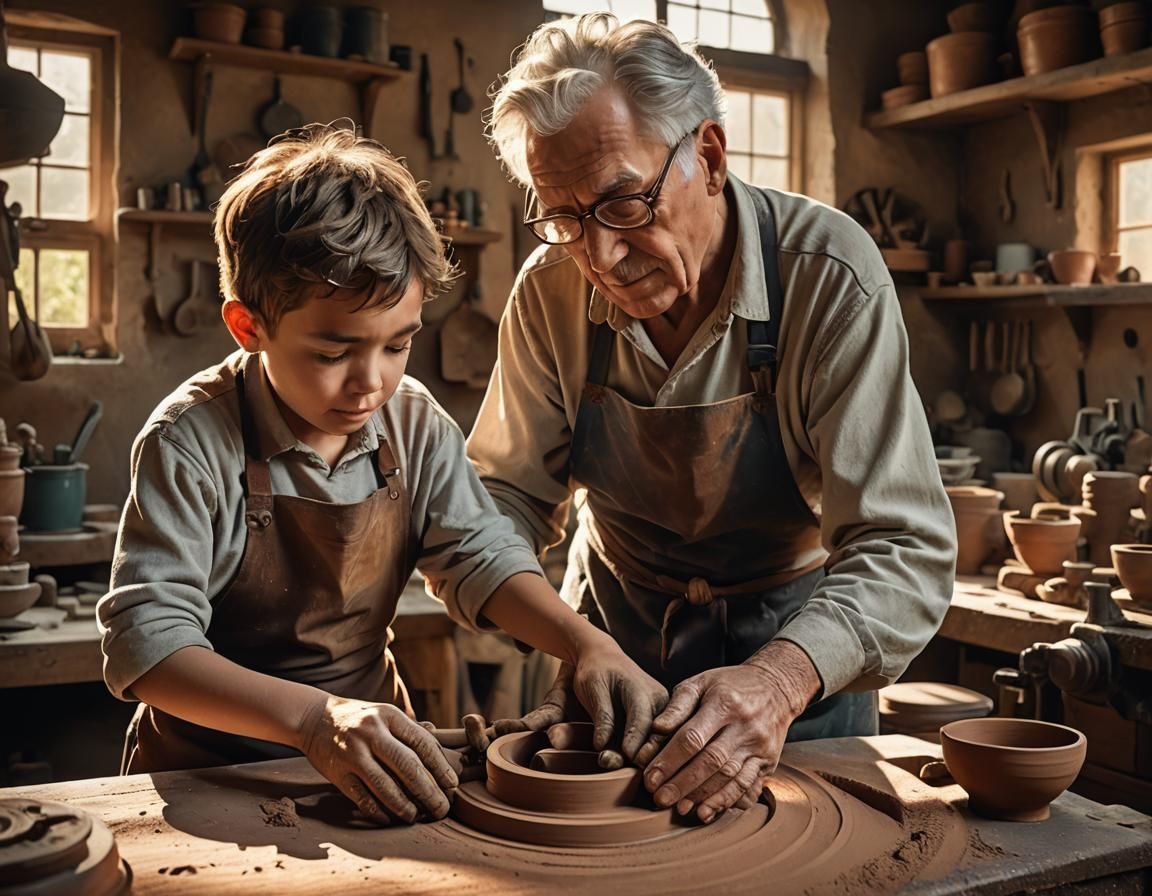 Expert Potter Guiding Student in Studio