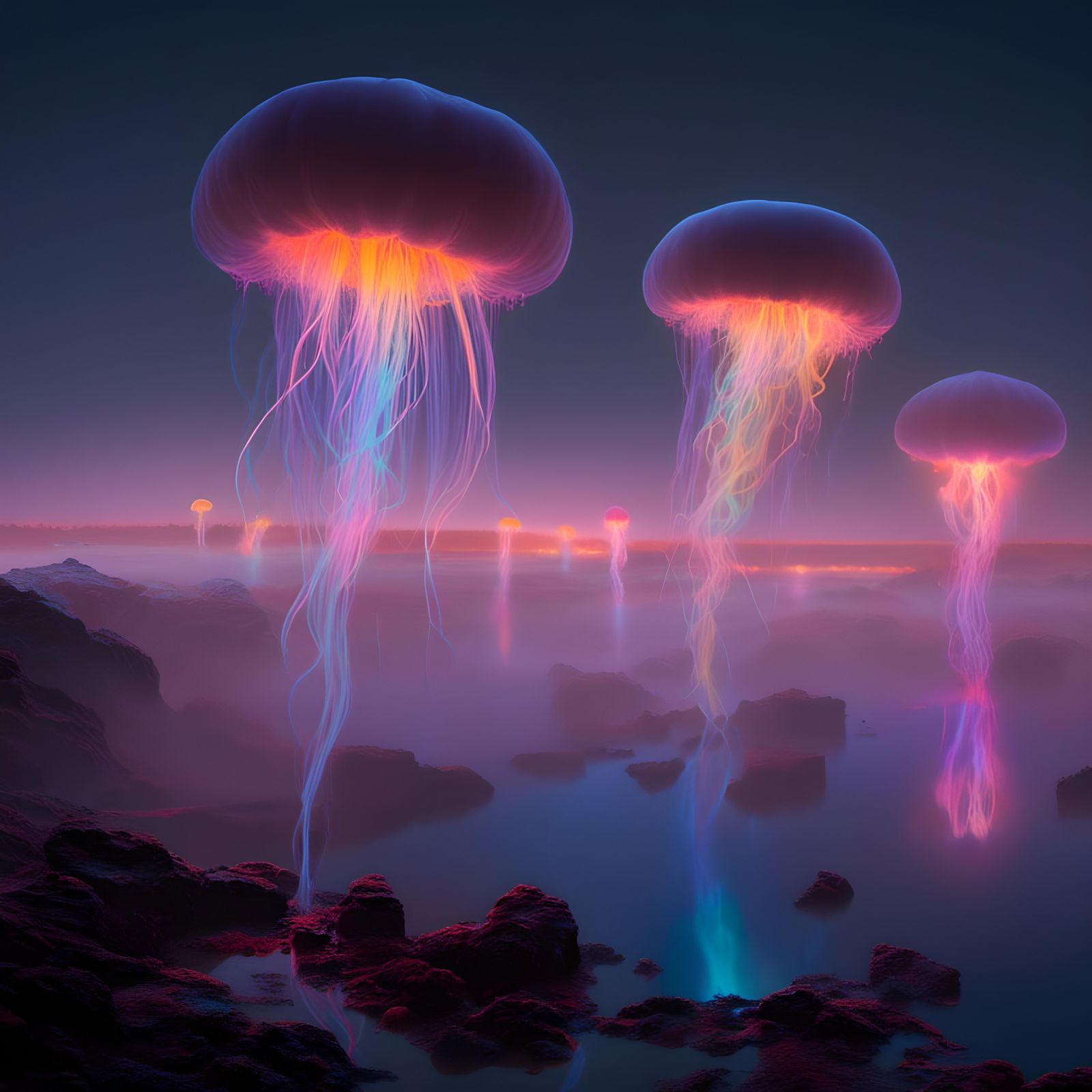 Bioluminescent Alien Jellyfish in Misty Atmosphere