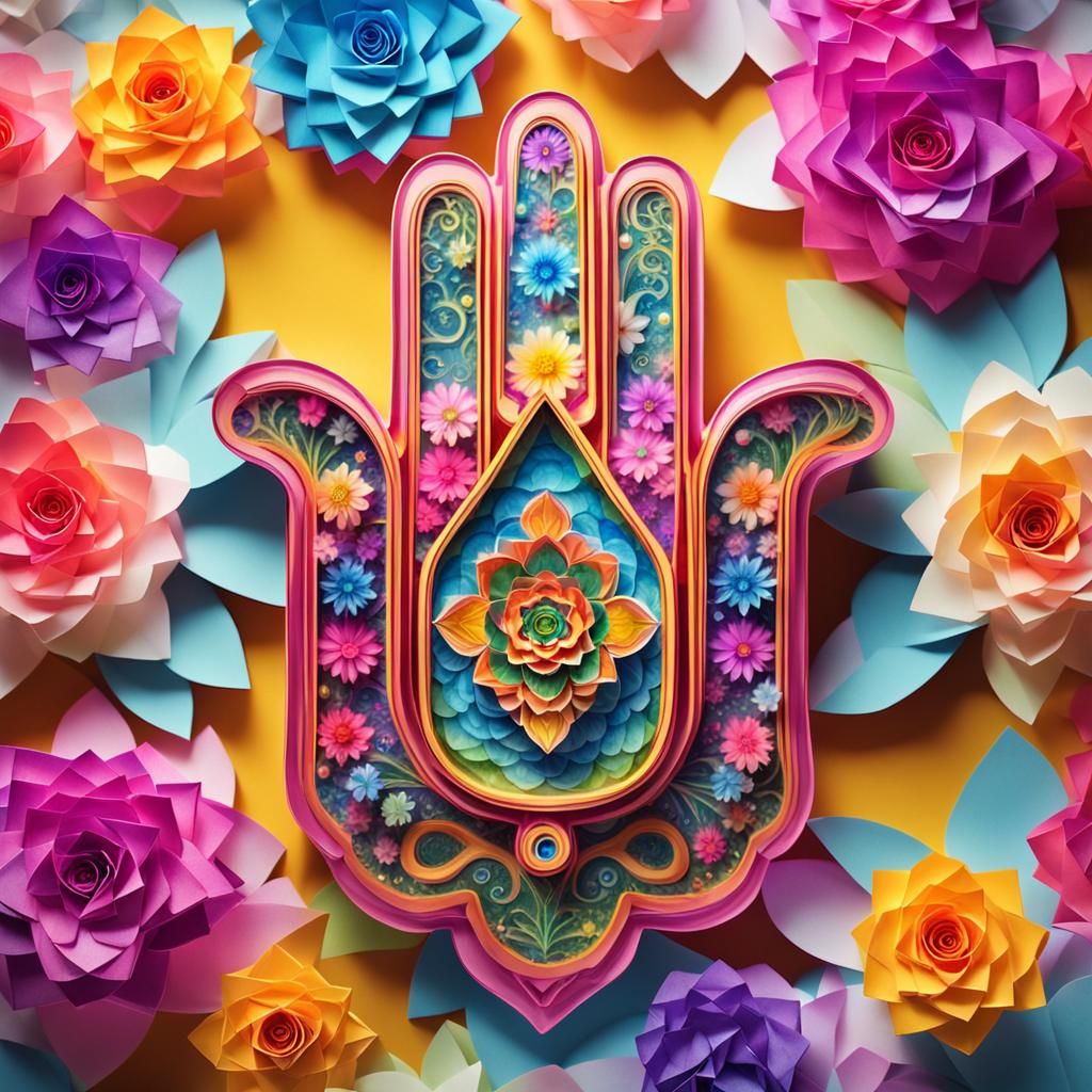 Mystic Hamsa with Flowers in 3D Origami Style