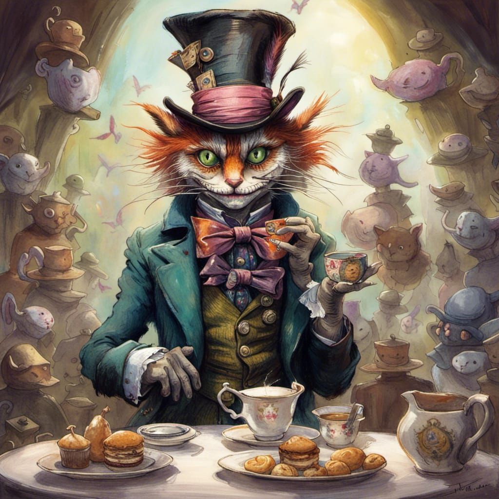 Mad Hatter Serves Tea to Cheshire Cat
