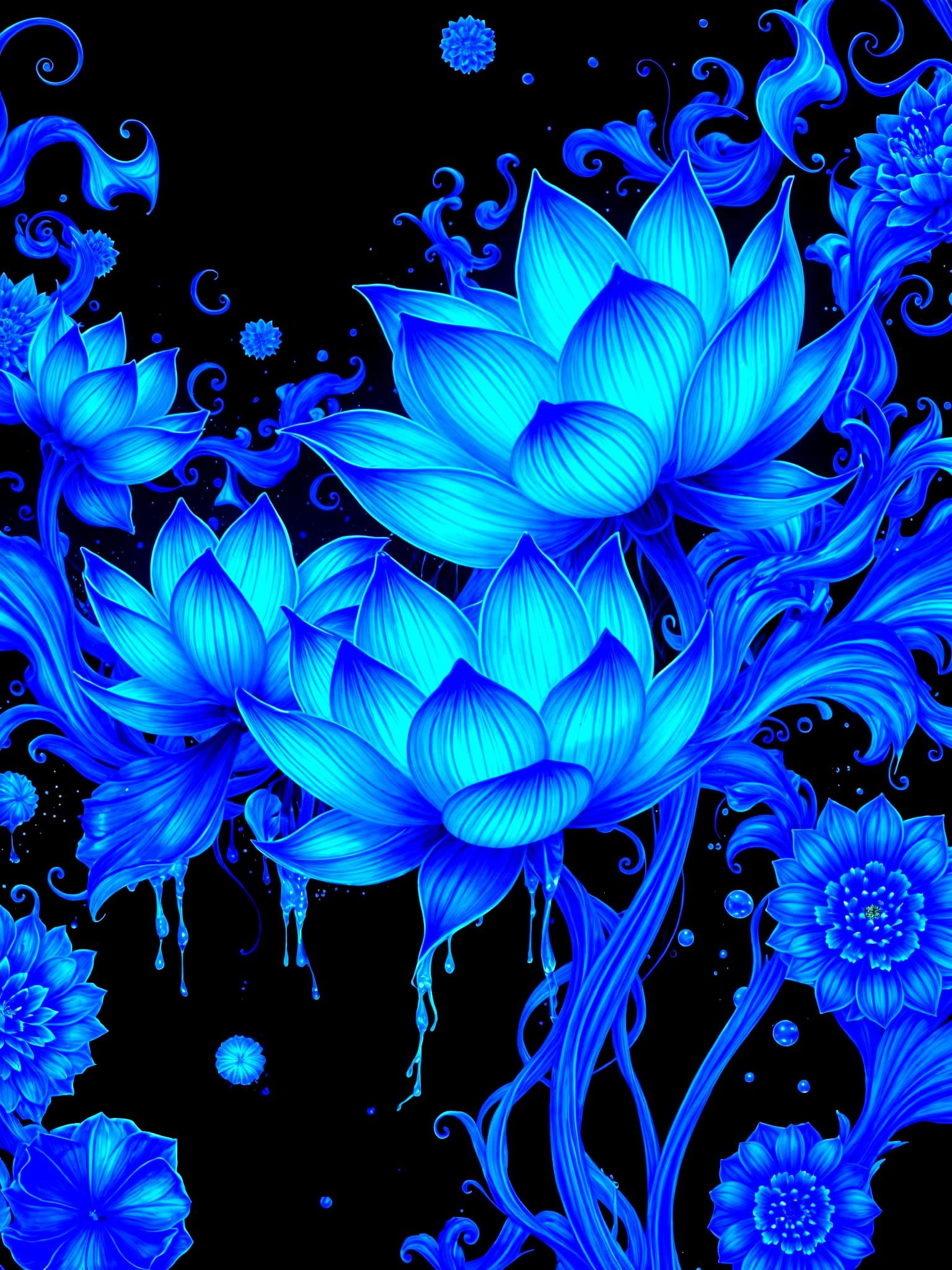Bioluminescent Lotus Flowers in Blue Ink Illustration