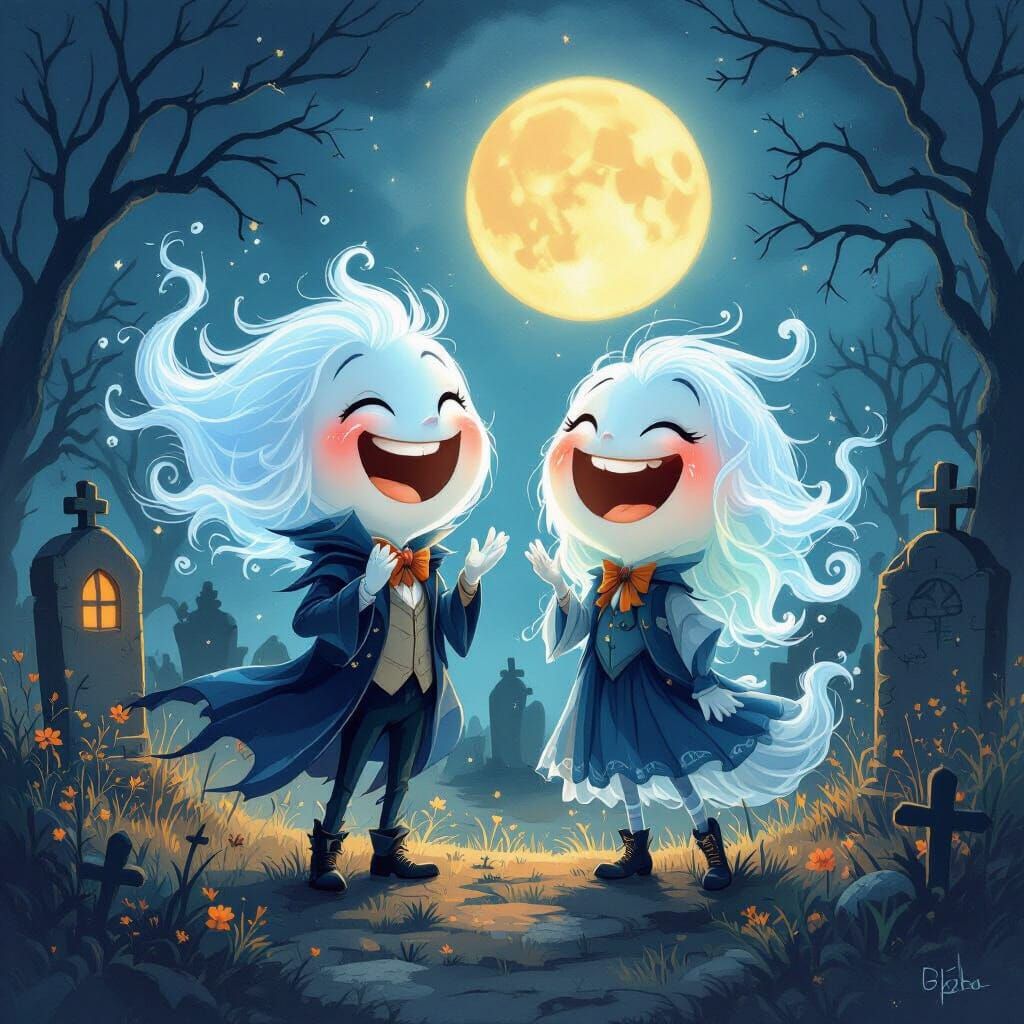 Ethereal Ghost Friends Laughing in Moonlit Graveyard