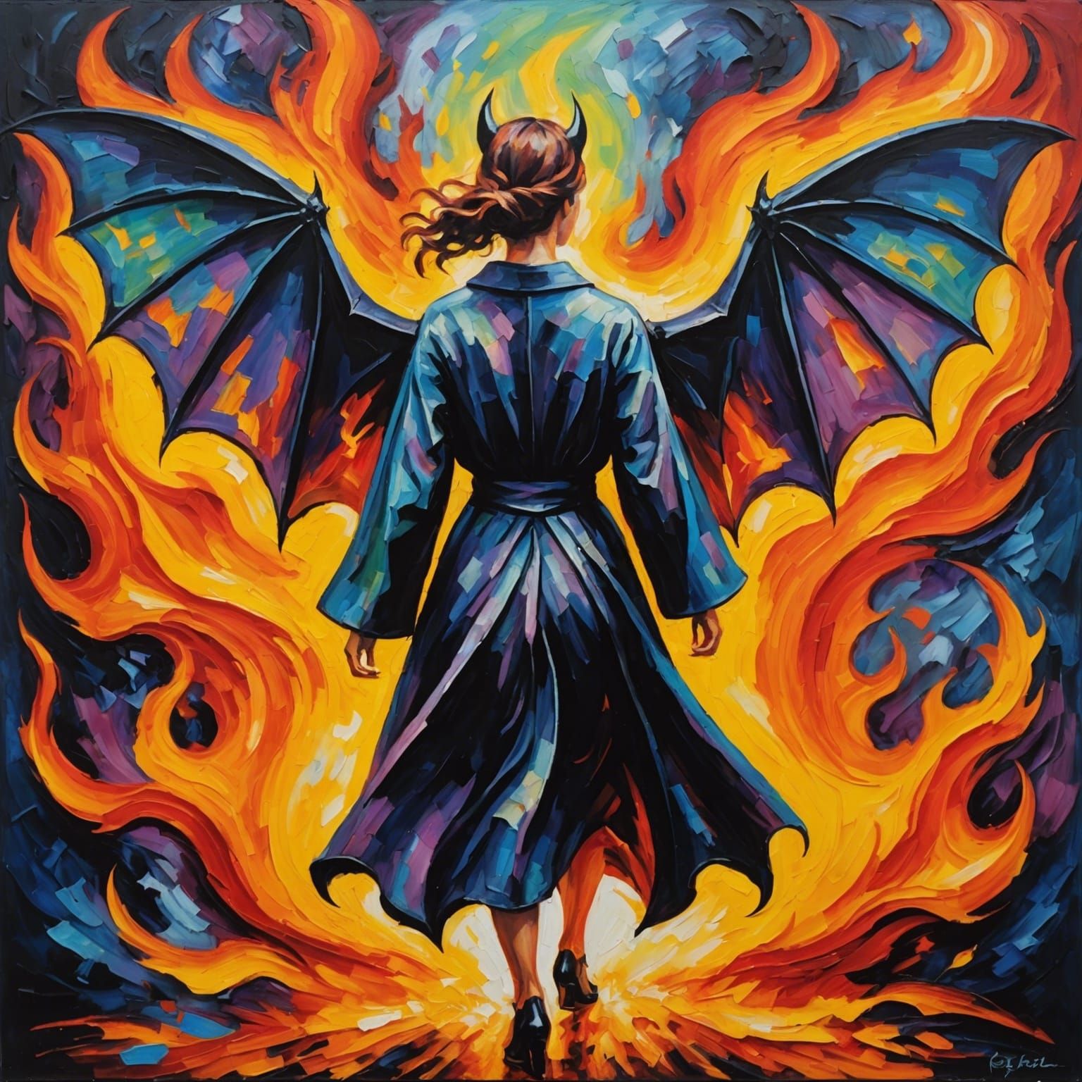 Fiery Woman with Bat Wings: Expressionist Oil Painting