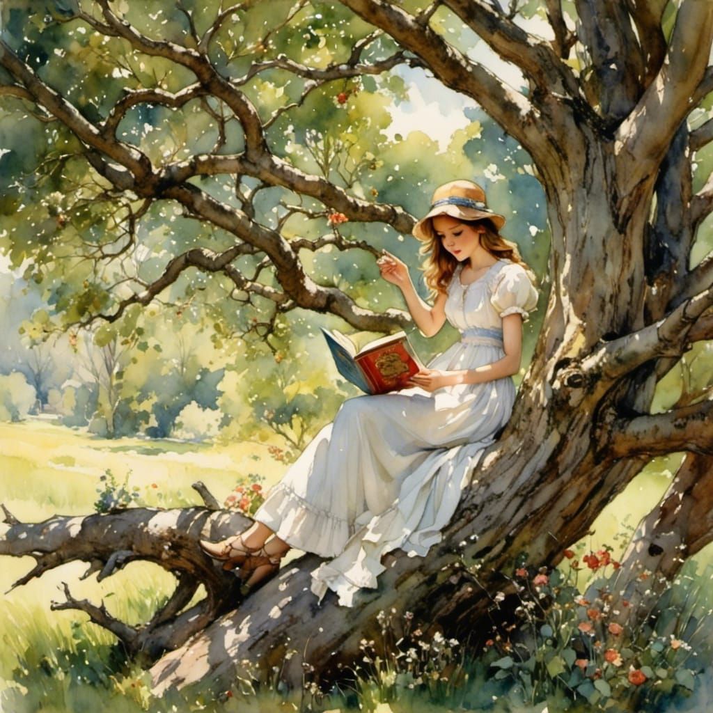 Girl Reading Book in Tree: Fairytale Scene