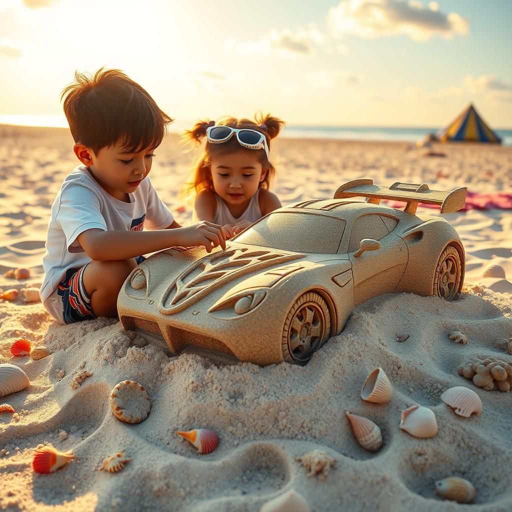 Kids Crafting Sand Car Sculptures on Sunny Beach
