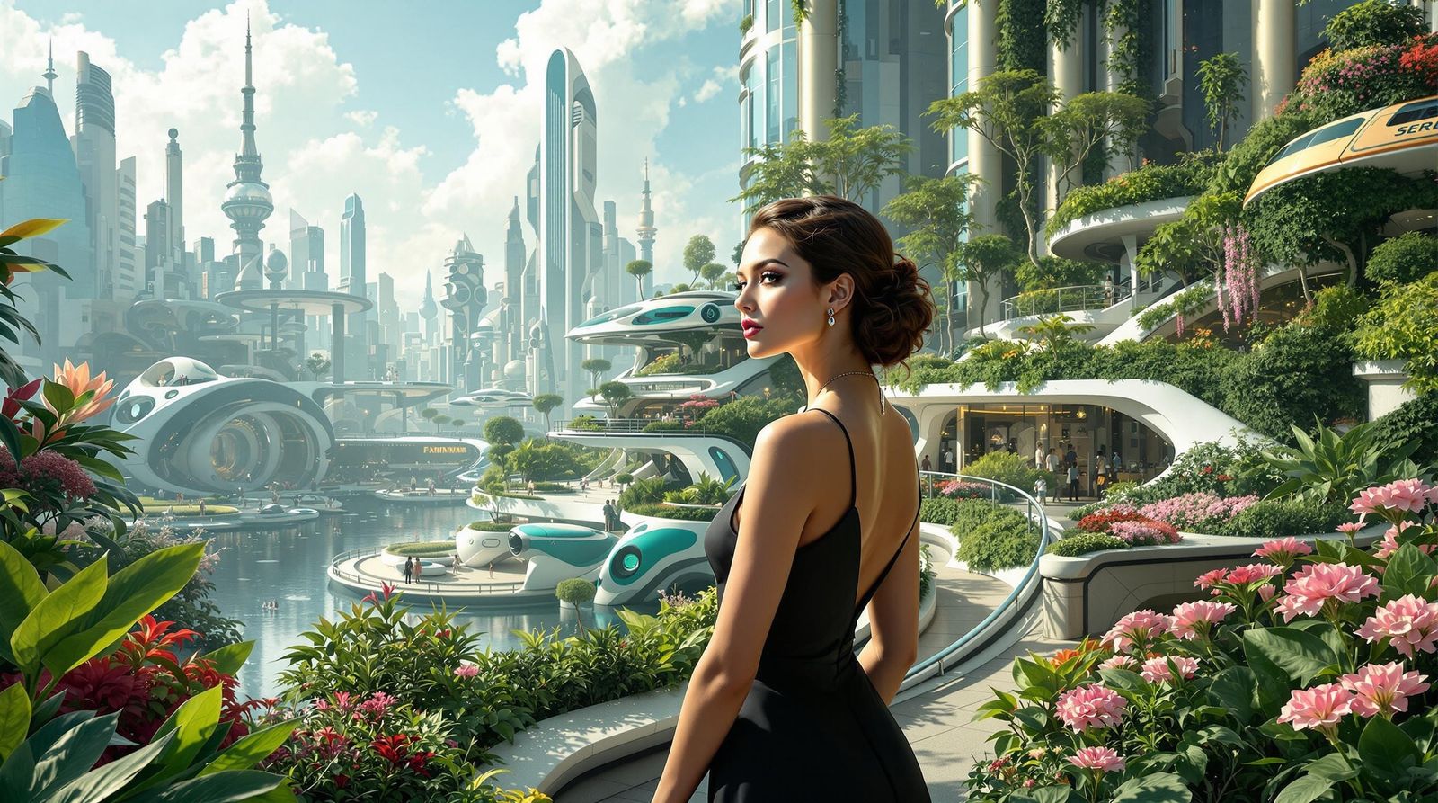 Utopian Future with Frutiger Architecture and Serene Woman