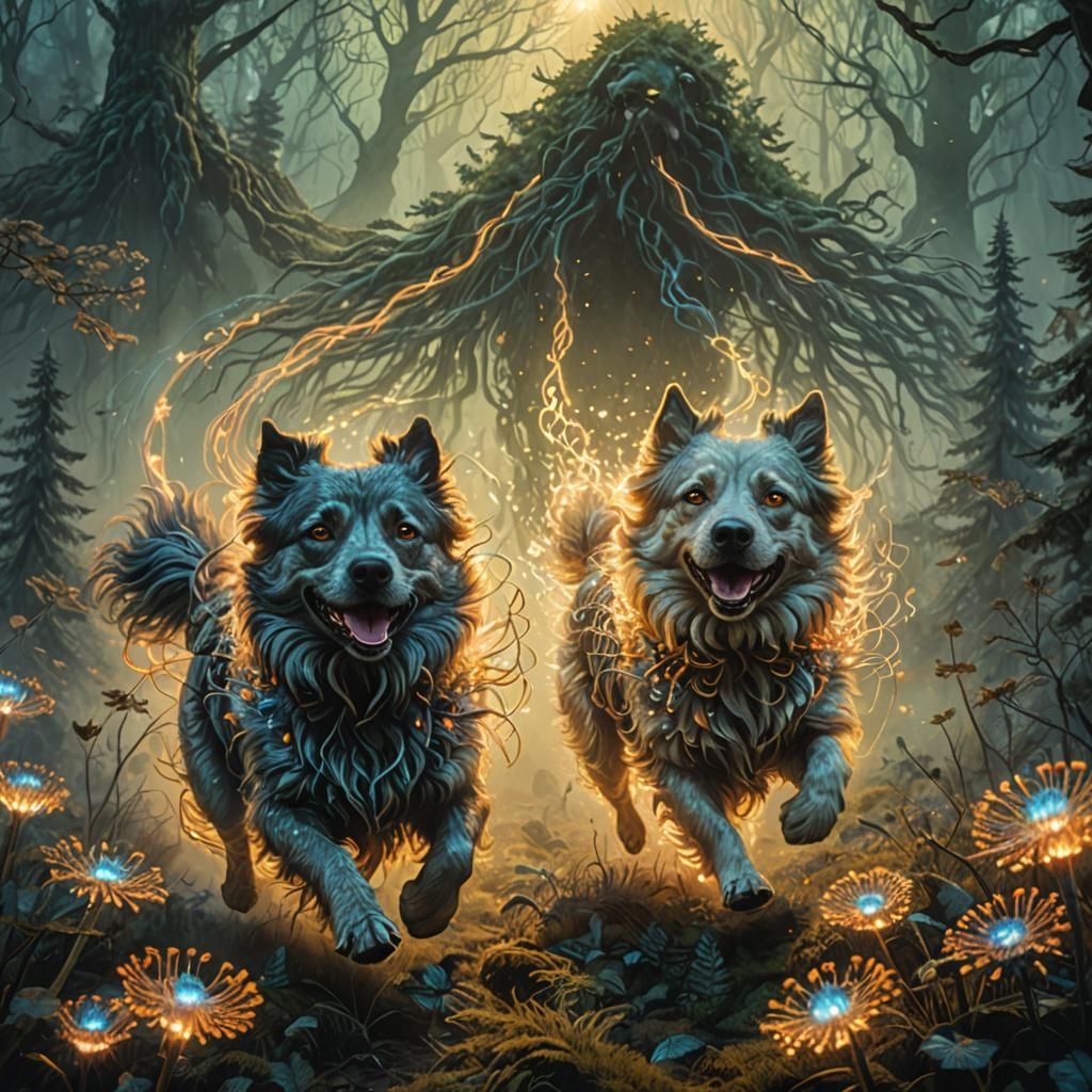 Mystical Forest Dogs in Surrealist Style