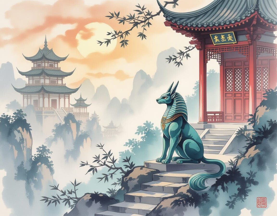 Sphinx at Temple: Chinese Ink Fantasy Illustration