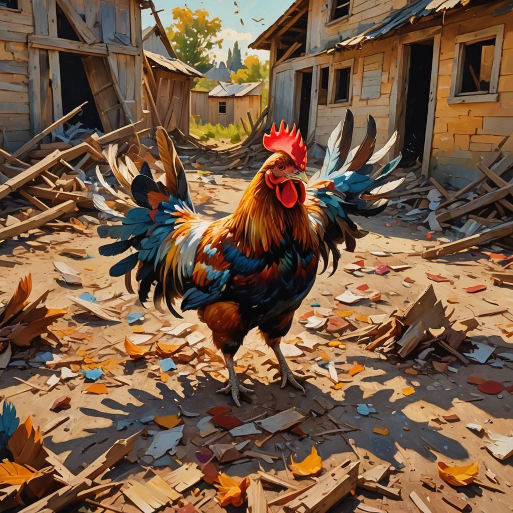 Fauvist Chicken Runs Through Ruined Farmyard