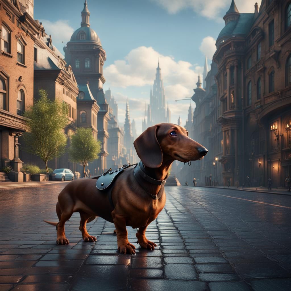 Giant Dachshund in City: Detailed Matte Painting