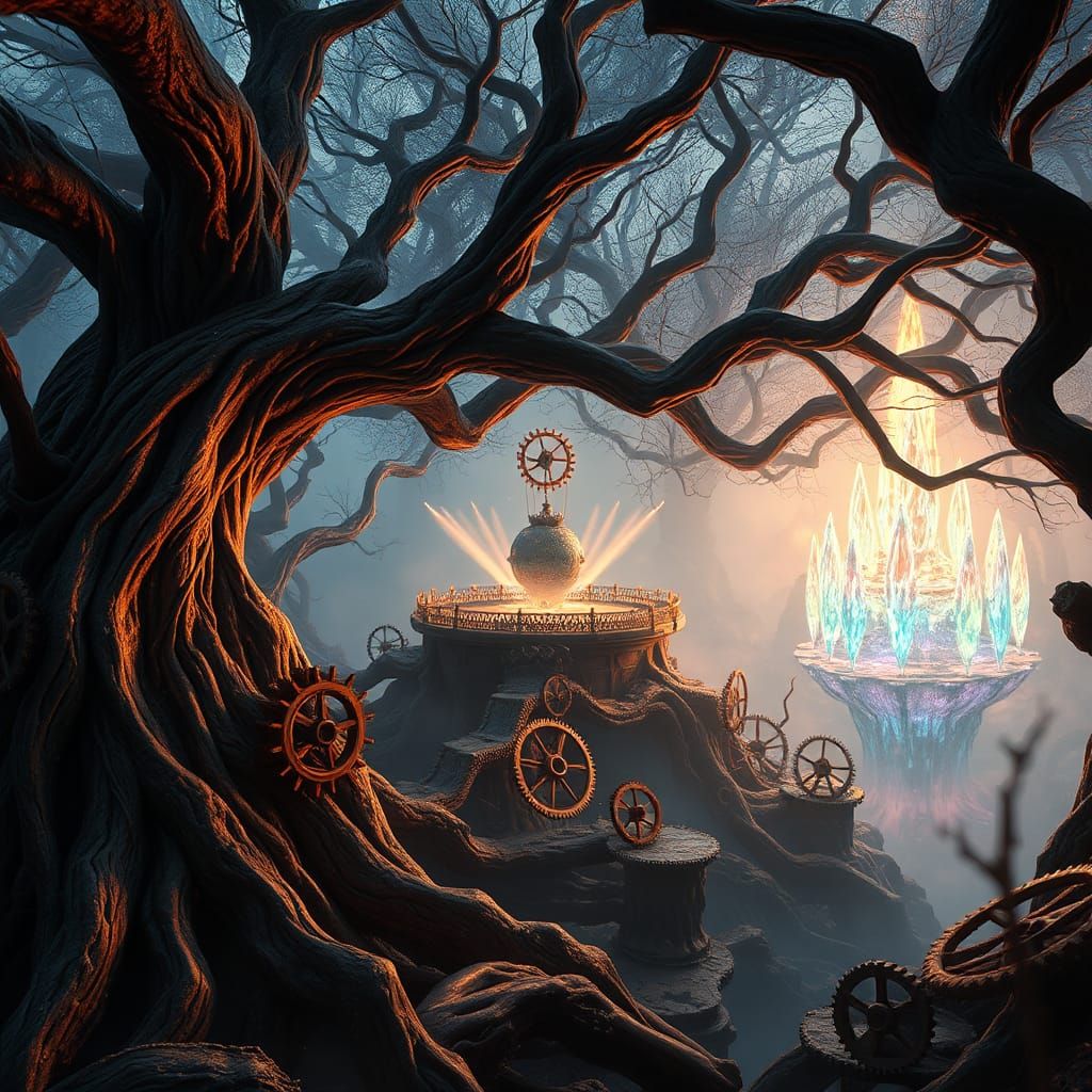 Mystical Mechanical Forest with Crystalline Spire