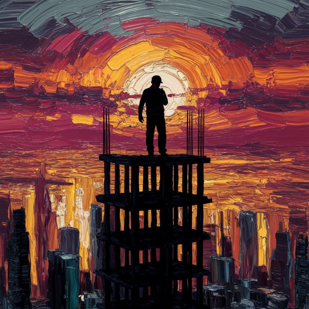 Construction Worker Silhouetted Against Fiery Sunset