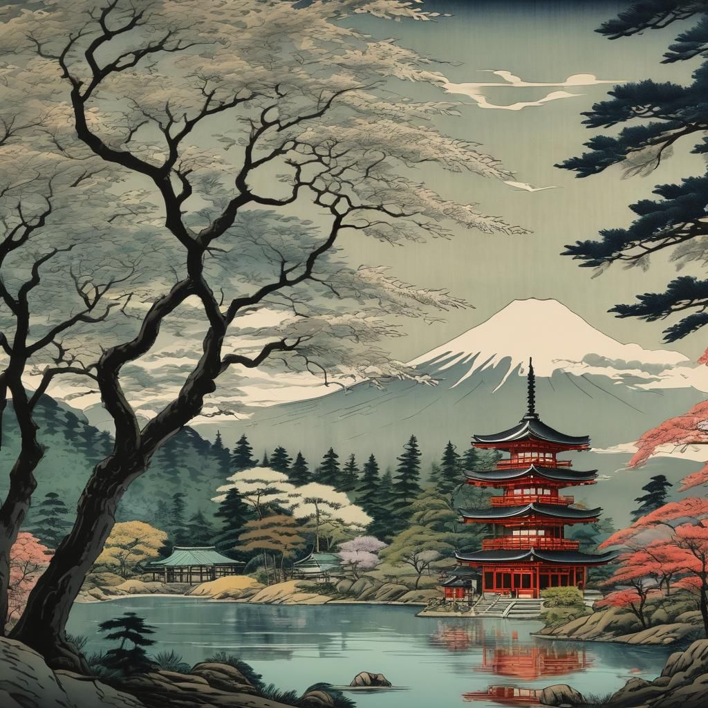 Japanese Temple by Lake: Ukiyo-e Woodblock Print