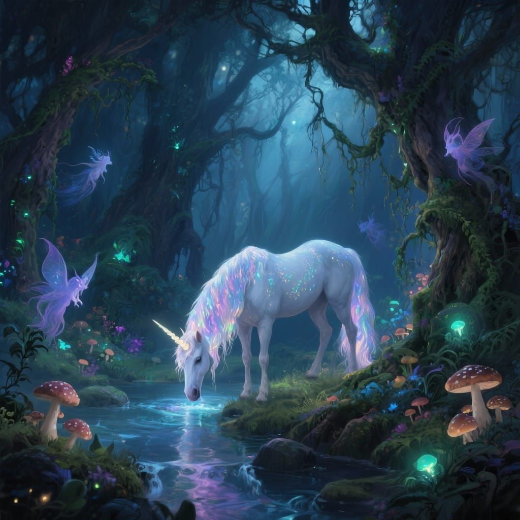 Enchanting Forest With Unicorn and Fae Creatures