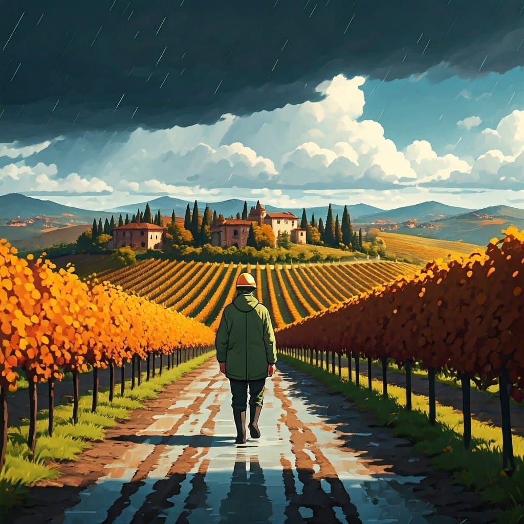 Italian Geologist in Rainy Anime Landscape