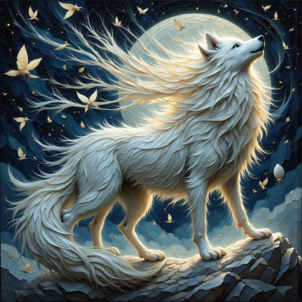 Majestic White Wolf Hybrid Howling at Starry Night Sky