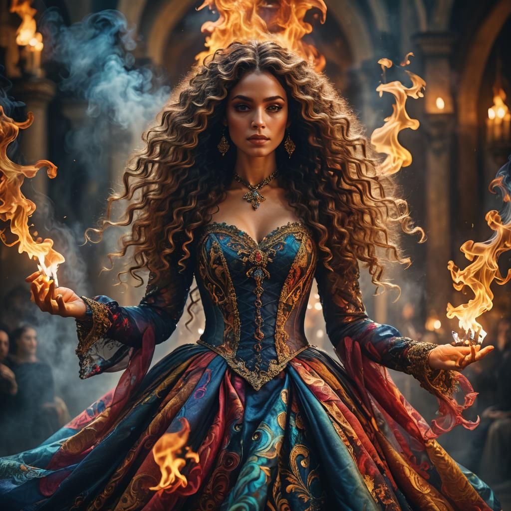 Mystical Baroque Woman in Flame-Lit Smoke
