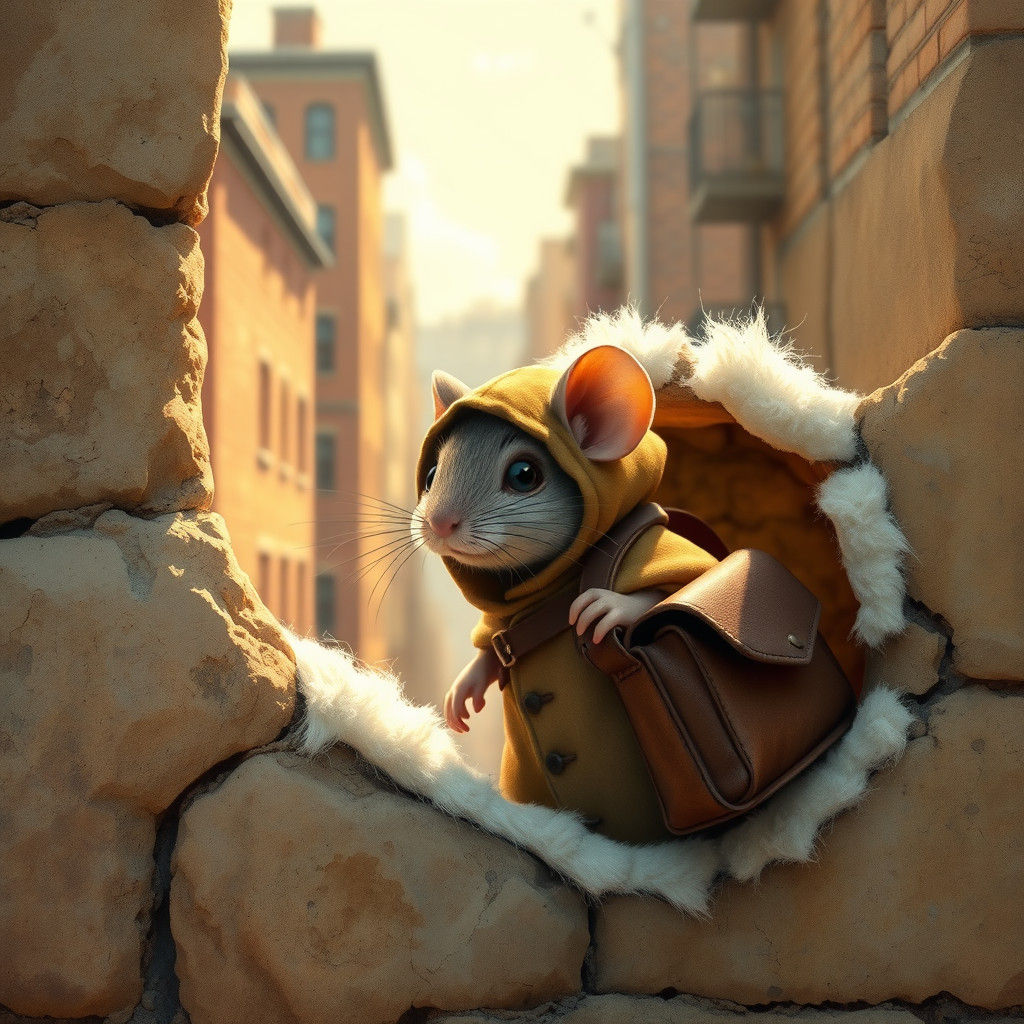Mouse in Cloak Emerges from Wall Hole