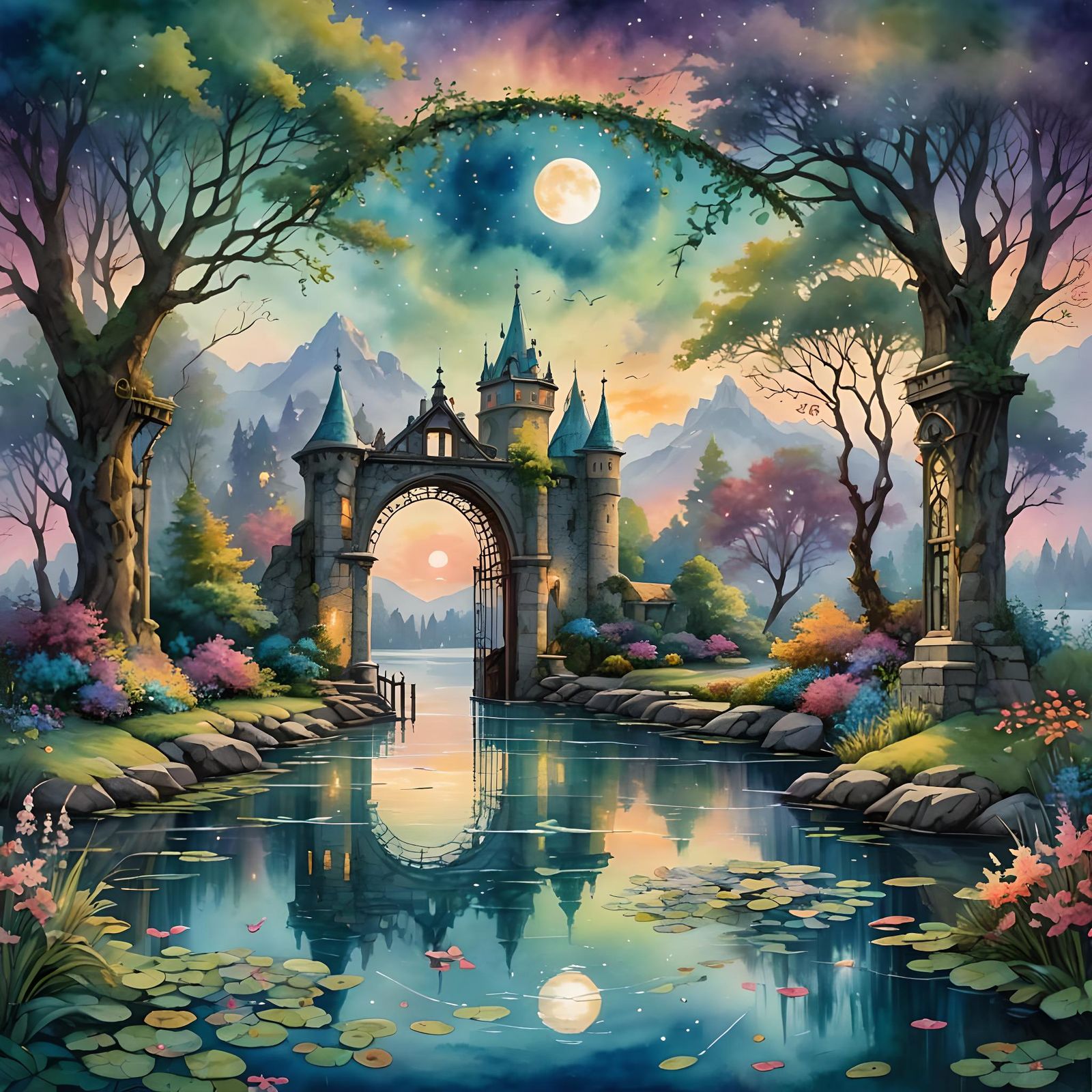 Romantic Lakeside Scene in Art Nouveau Style