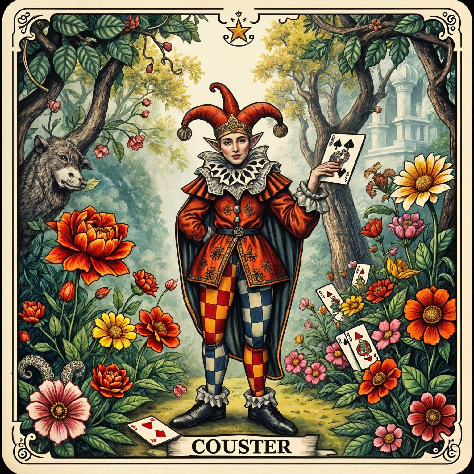Mysterious Court Jester Tarot Card in Whimsical Art