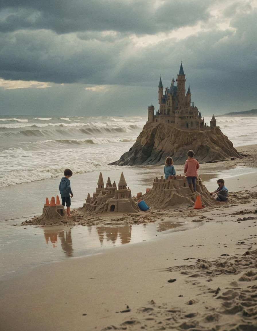 Stormy Beach Sandcastles in Post-Impressionist Style