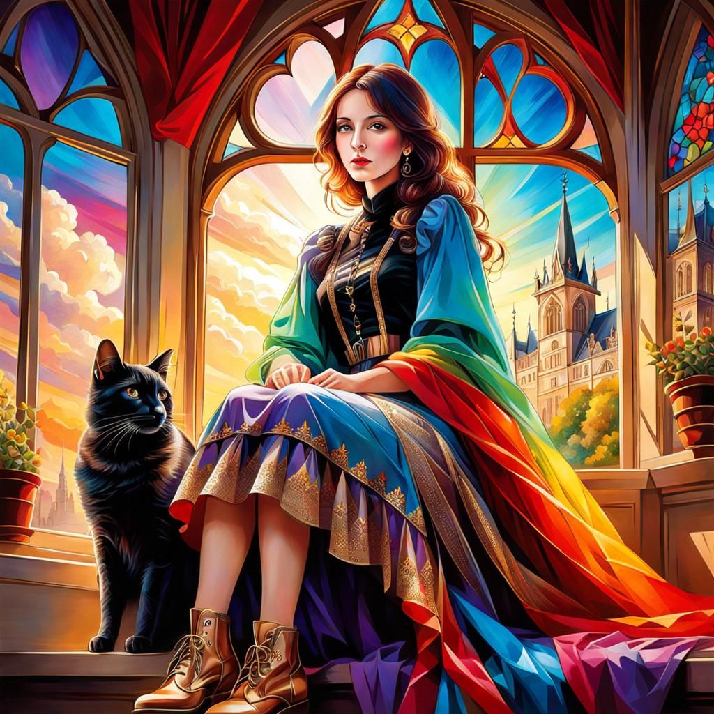 Woman and Cat on Windowsill in Gothic Style