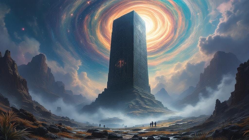 Ancient Monolith Emerges from Mist in Digital Painting Style
