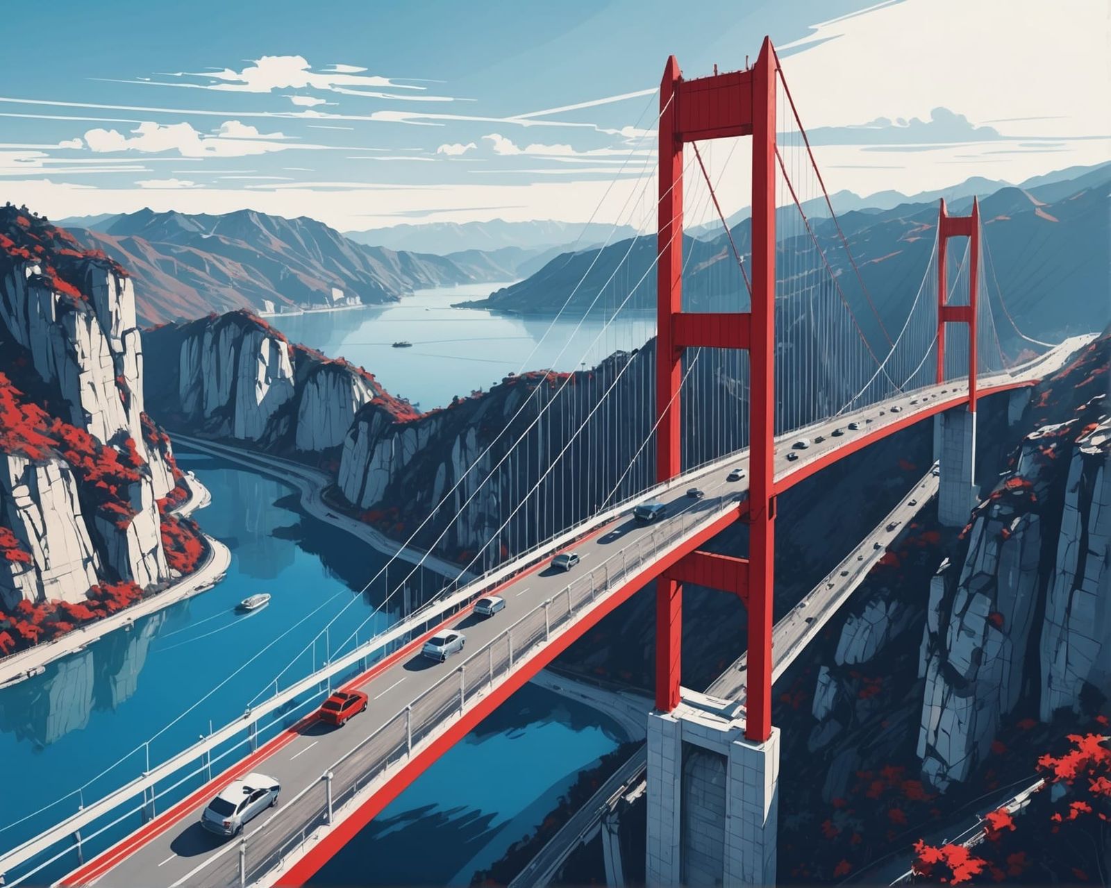 Elegant Suspension Bridge on Chinese Highway in Sketch Style