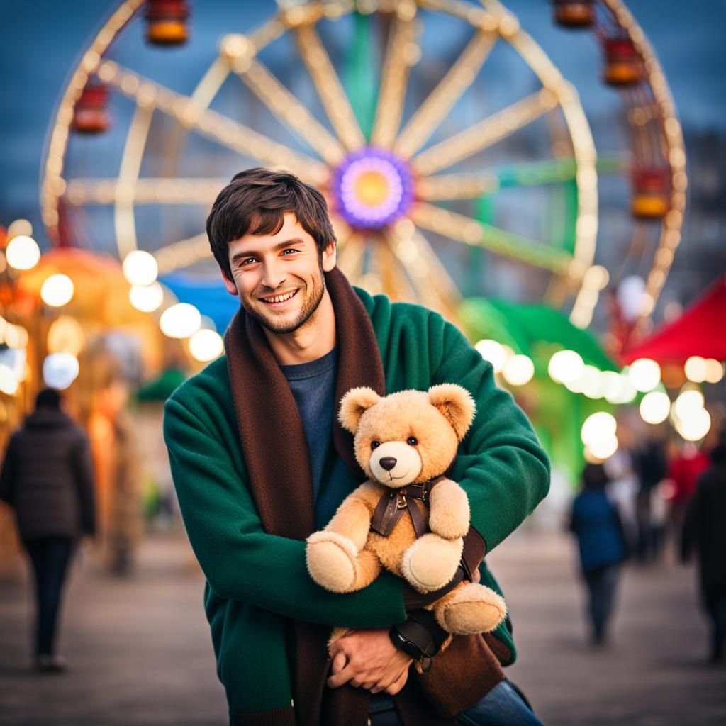 Young Man with Teddy Bear at Amusement Park