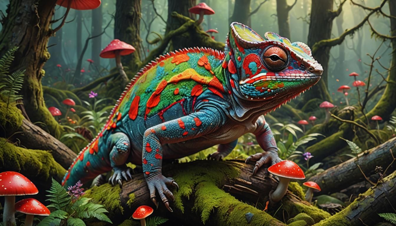 Hyperrealistic Chameleon in a Glowing Forest