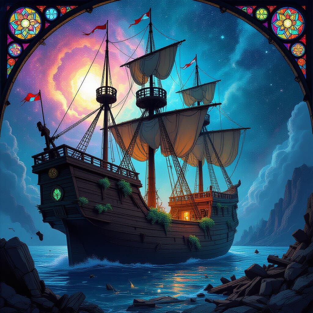 Ancient Galleon Navigates Nebula in Stained Glass Style