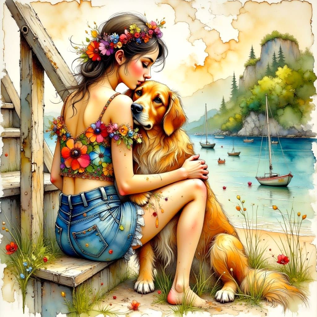 Golden Retriever and Girl Enjoy Beach View