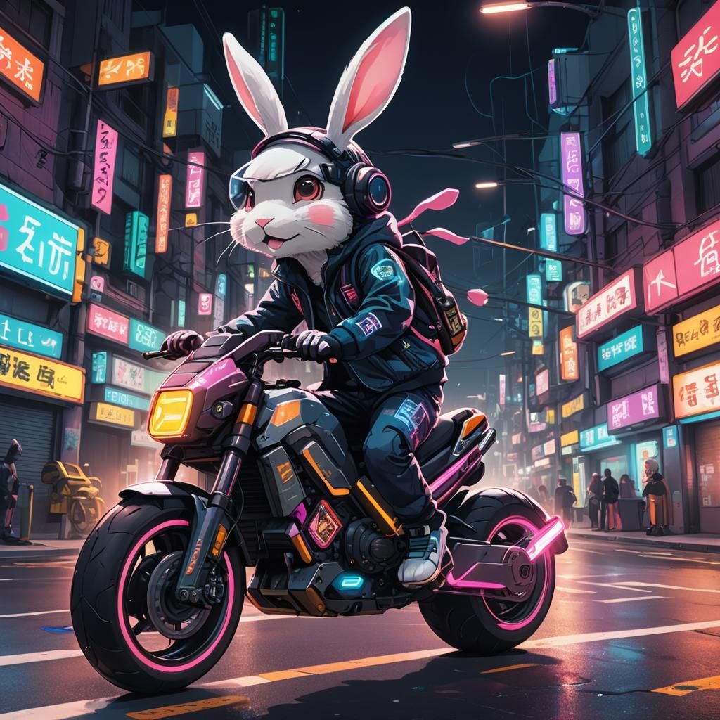 Bunny Rides Neon Hover Bike in Cyberpunk City
