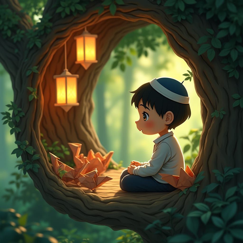 Boy in Treehouse with Origami Birds, Ghibli Style