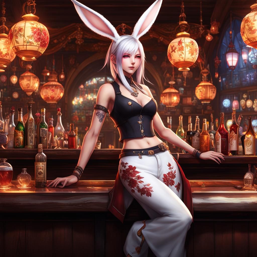 Viera Bartender with Sakura Tattoo in Fantasy Art