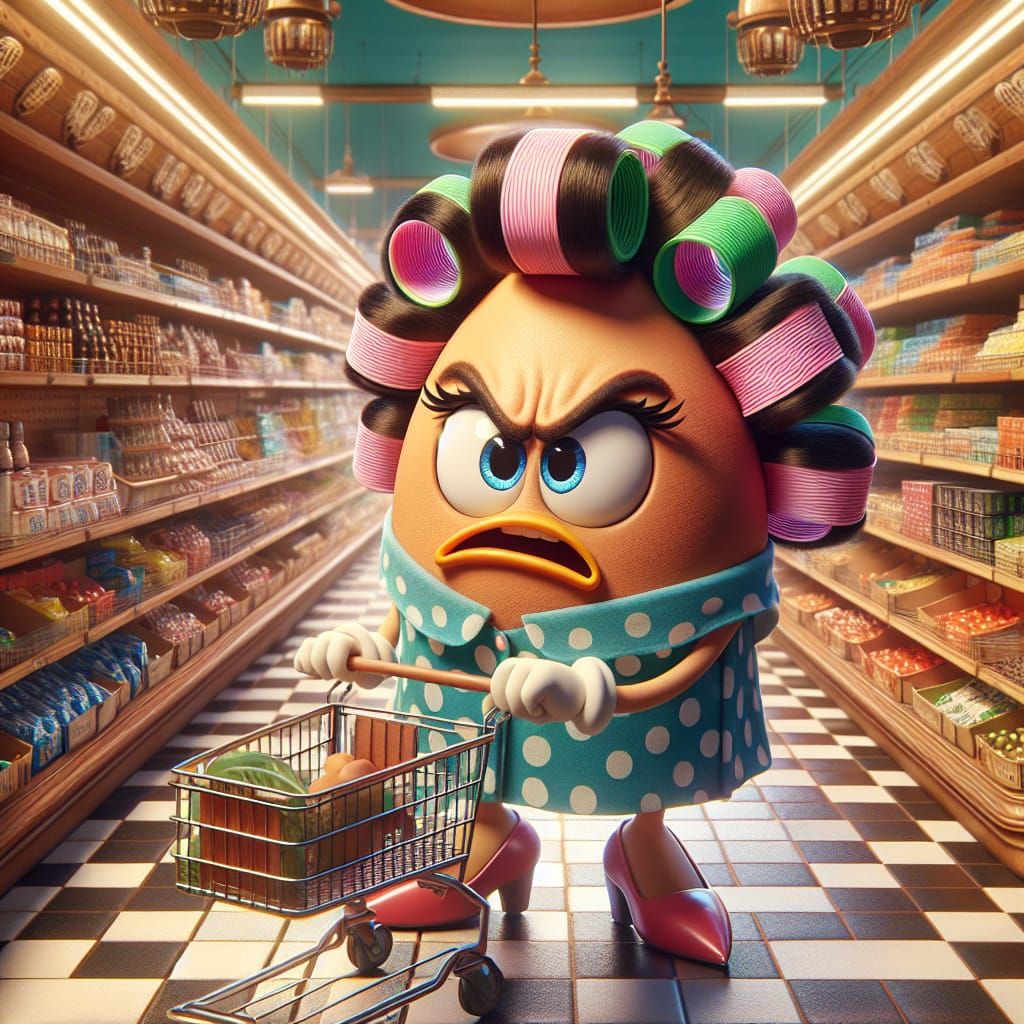 Whimsical Egg Housewife in a Fantastical 8k Supermarket Scen...