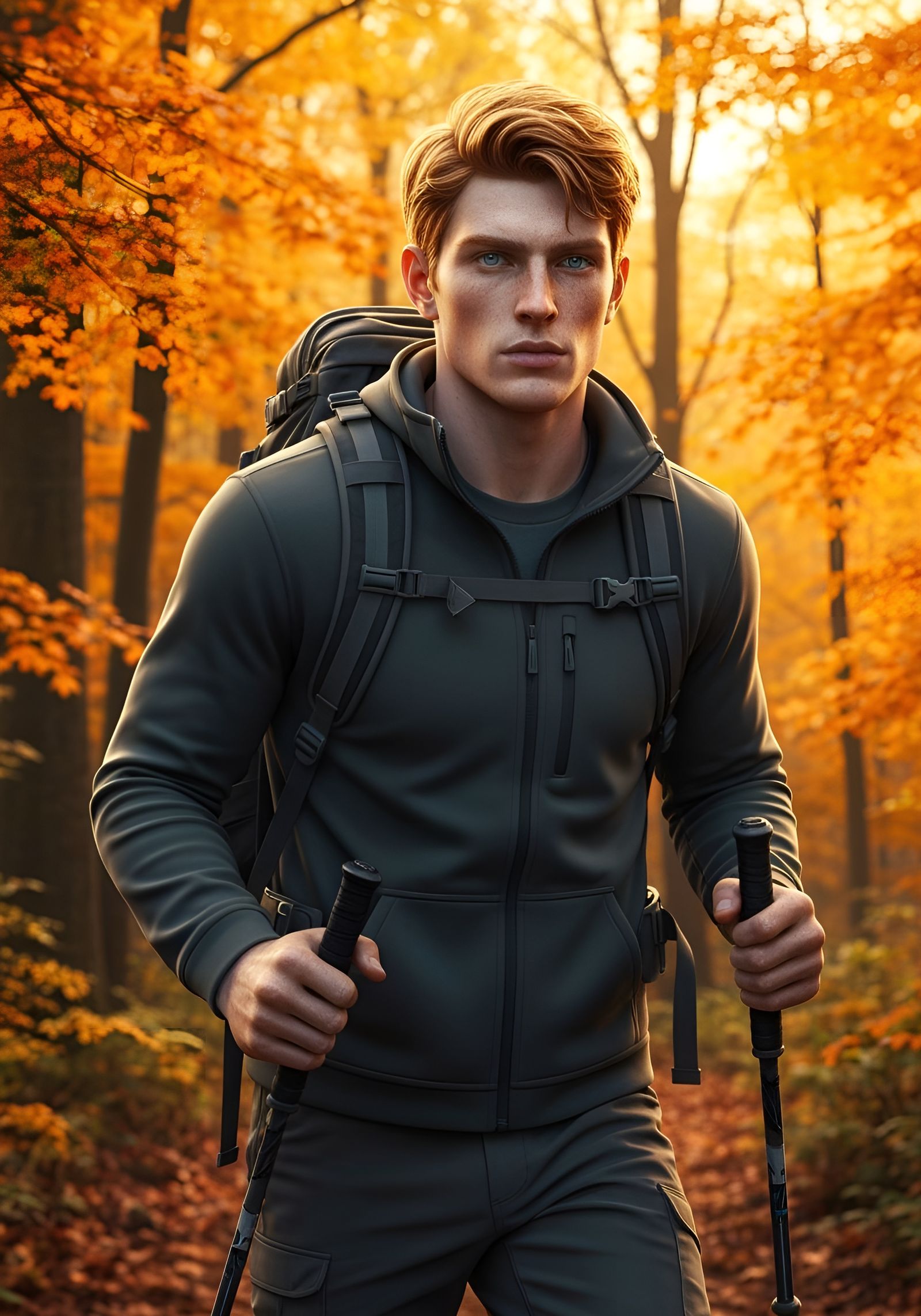 Autumn Hiker in Moody Maple Forest