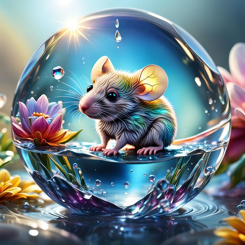 Crystallized Mouse in Water Drop with Magical Flower