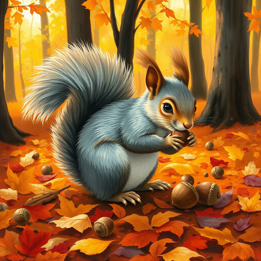Squirrel Gathering Nuts in Autumn Forest