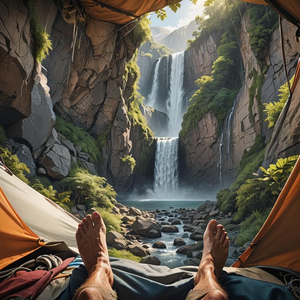 Scenic Waterfall View from Tent Doorway