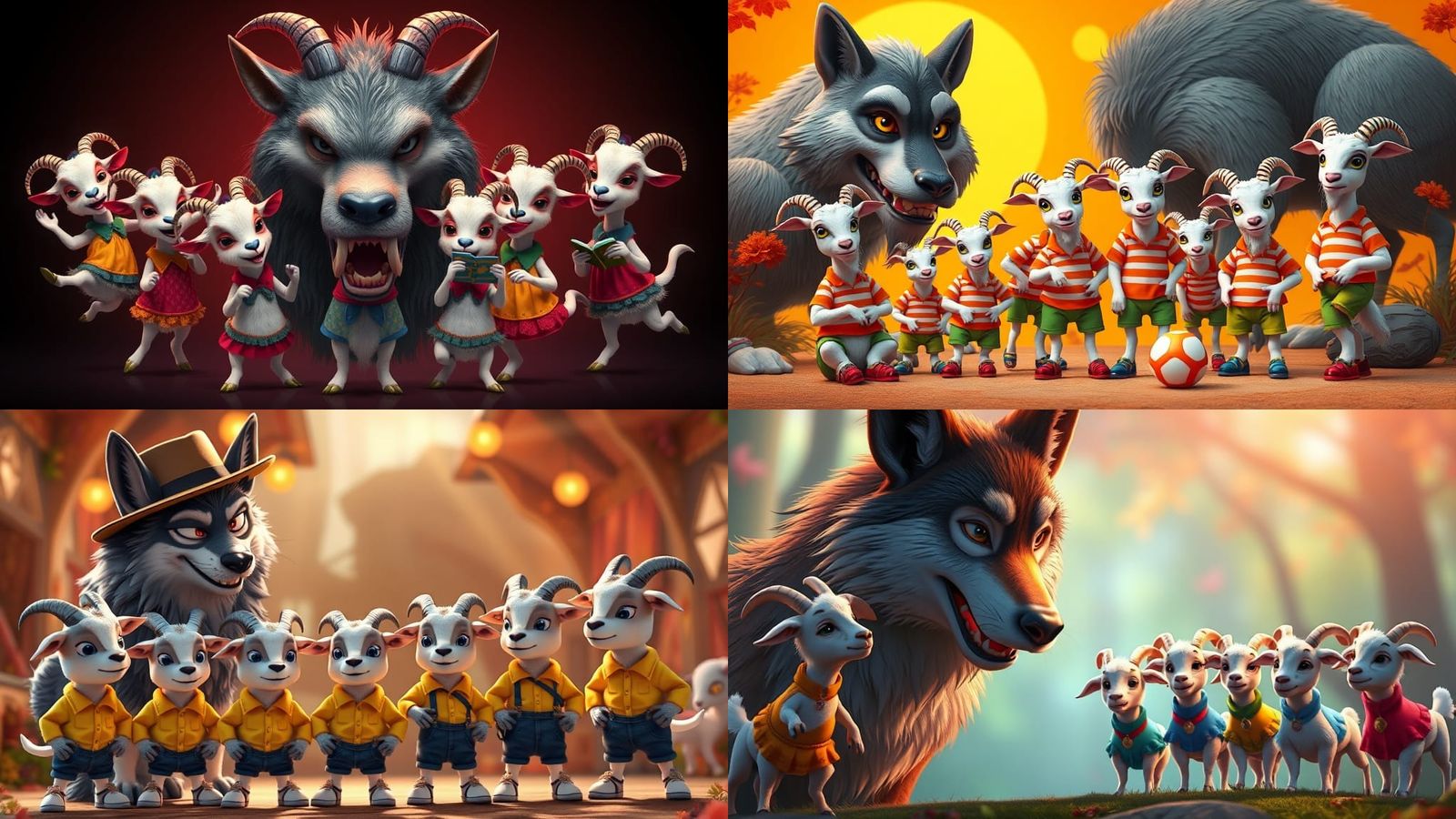 Wolf and Seven Goats in Pixar Style