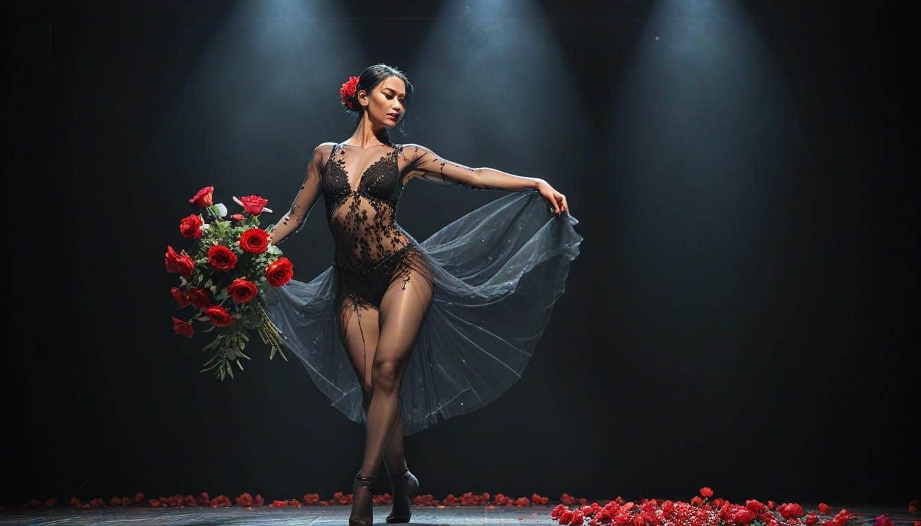 Modern Dancer in Sheer Costume with Red Roses