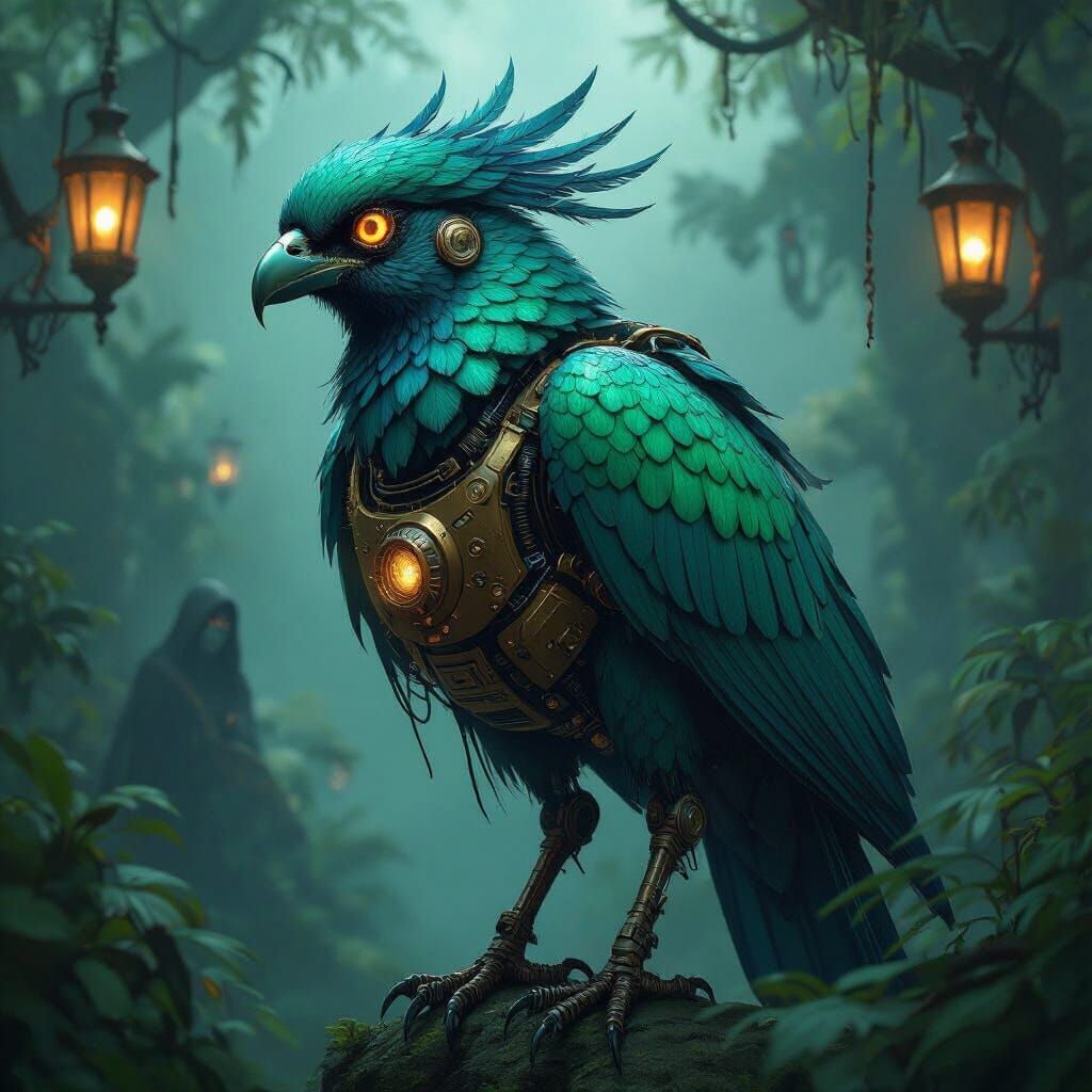 Cybernetic Malabari Bird in Steampunk Dystopia