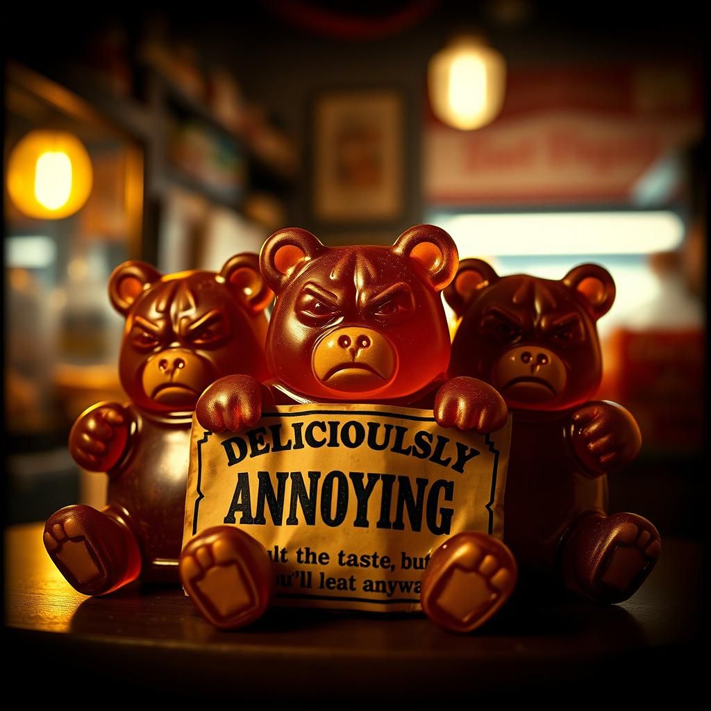 Grumpy Gummy Bears in Nostalgic Candy Store