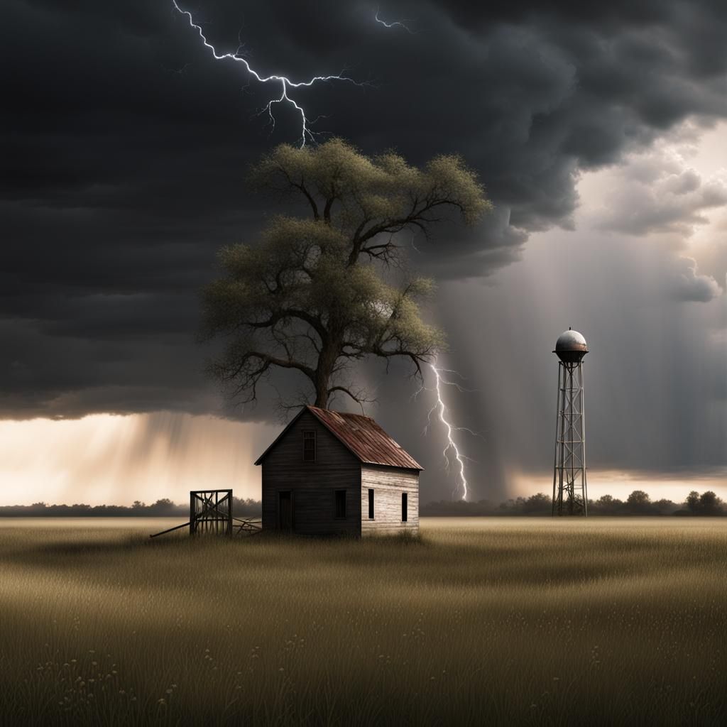 Dramatic Storm Scene with Flower in Field