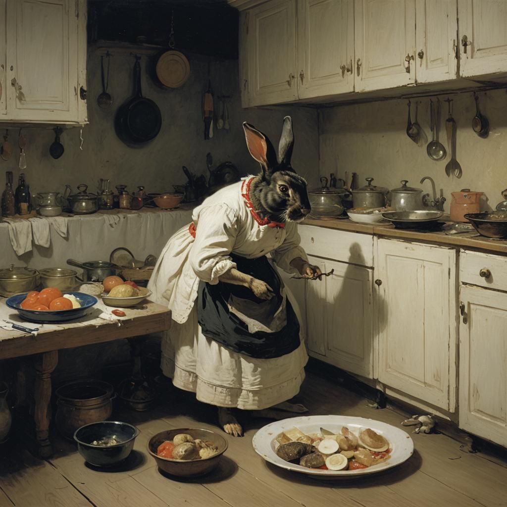 Surreal Midnight Rabbit in Kitchen, Painterly Style