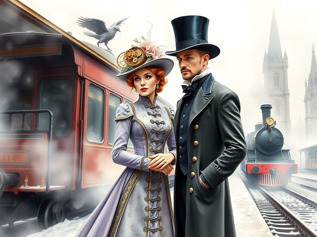 Elegant Steampunk Couple in Misty Gothic City