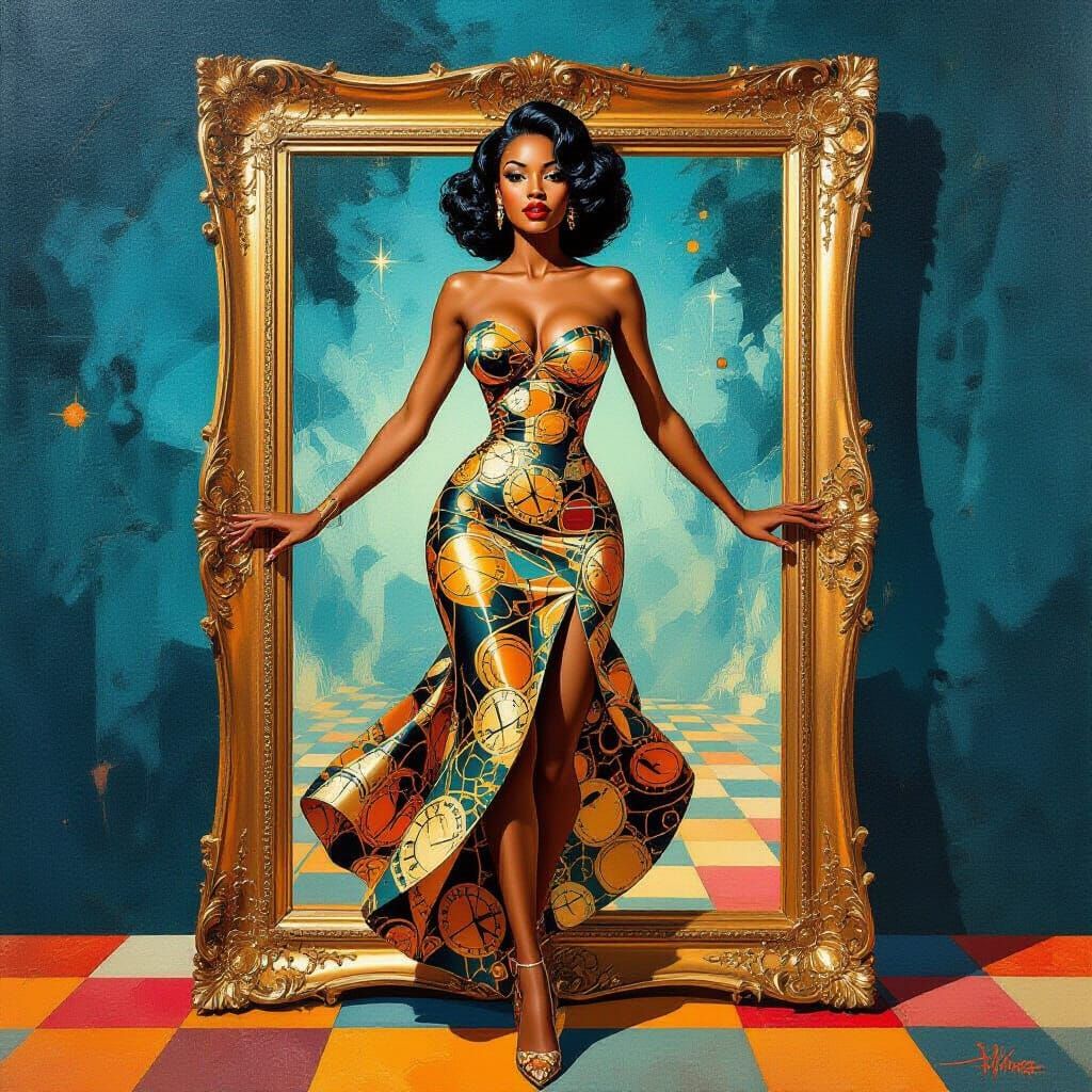 Surreal 1950s Pinup Model in Clockwork Dress