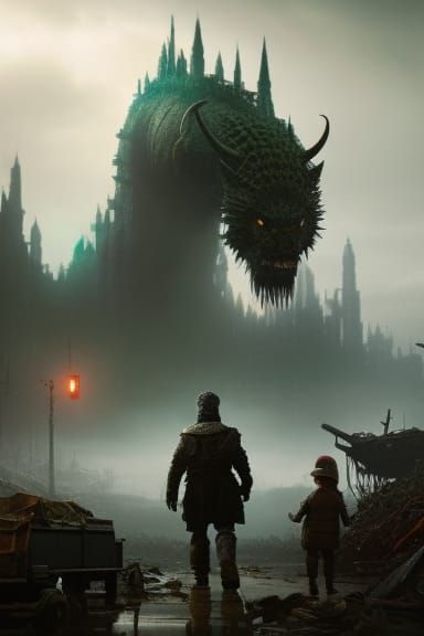 Giant Cat Chase in Doomsday World: Detailed Matte Painting