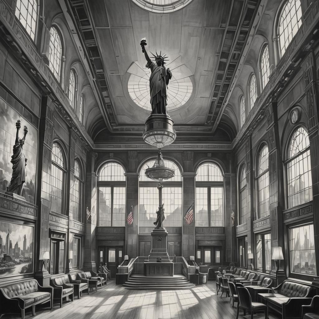 Art Deco Hall Overlooking the Statue of Liberty